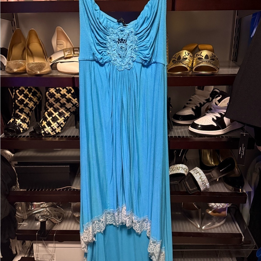 Sky Strapless Blue Maxi/High Low Dress With Lace Detail Large